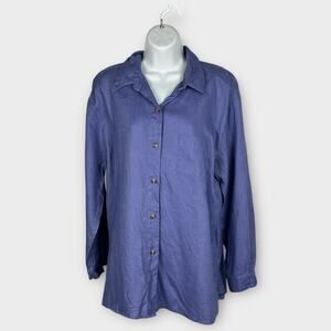 Real Comfort Blue Linen Blouse Women’s Large Collared Long Sleeve